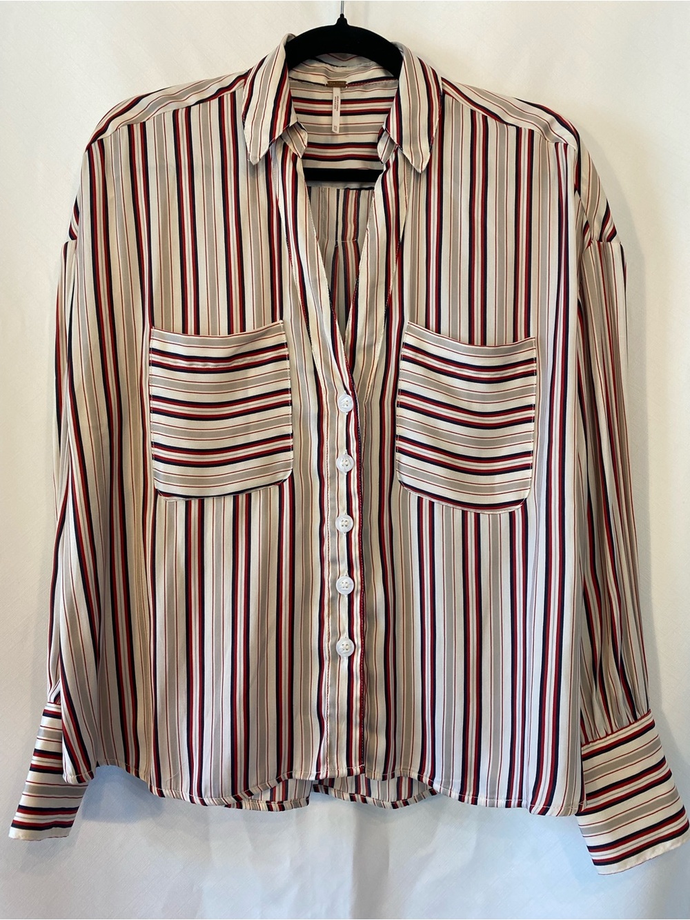 Free People Womens Mad About You V-Neck Button Down Silky Striped Blouse
Size XS - Picture 2 of 15